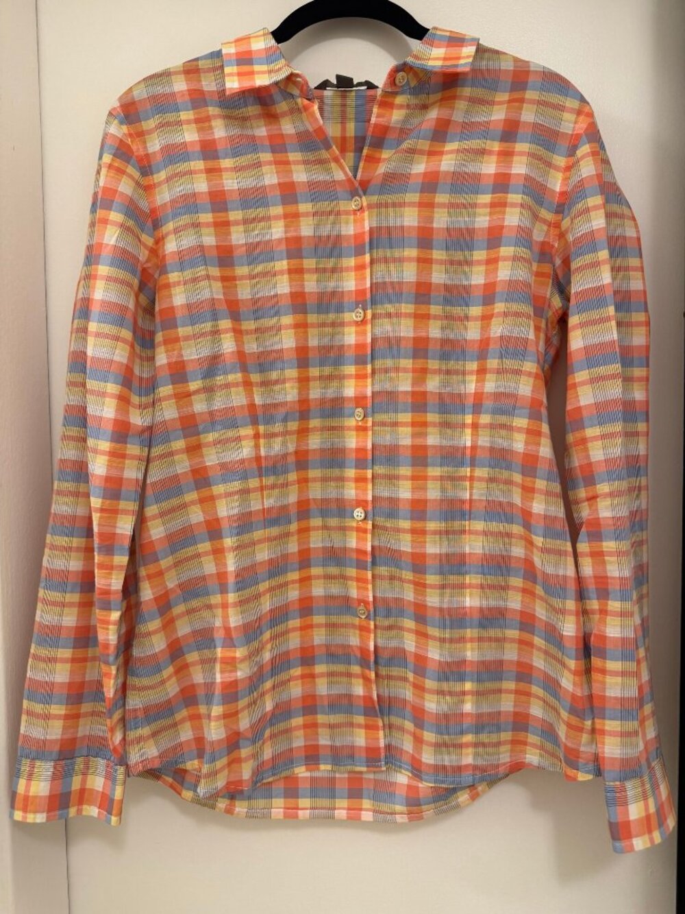 L.L.Bean Signature Orange Blue Plaid Cotton Button-Down Shirt Size 10